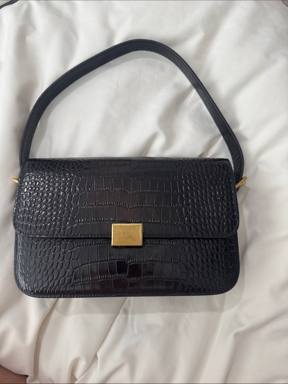 THE CURATED Black Croc-Embossed Shoulder Bag with Gold Hardware
